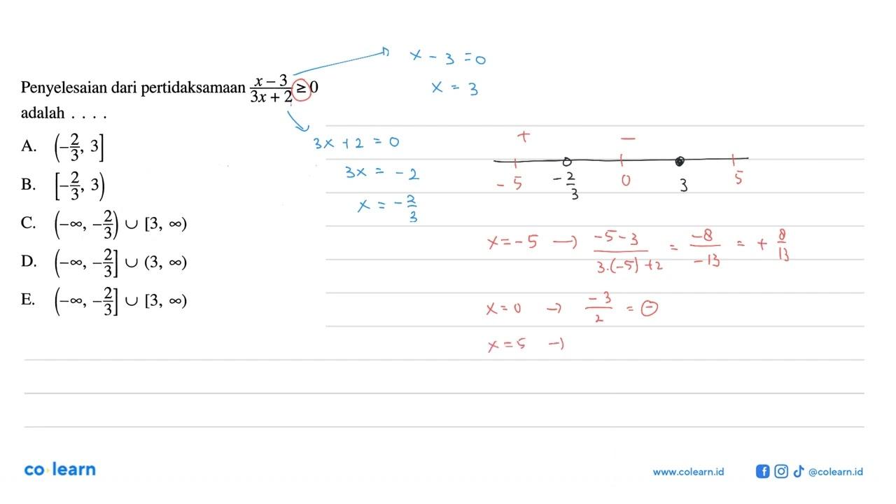 Penyelesaian dari pertidaksamaan (x-3)/(3x+2) >=0 adalah