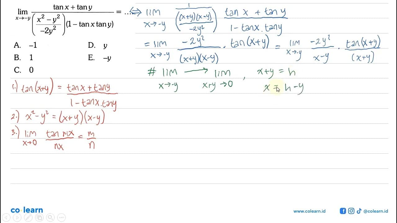 limit x->-y (tan x+tan y)/(((x^2-y^2)/-2y^2)(1-tan xtan y)