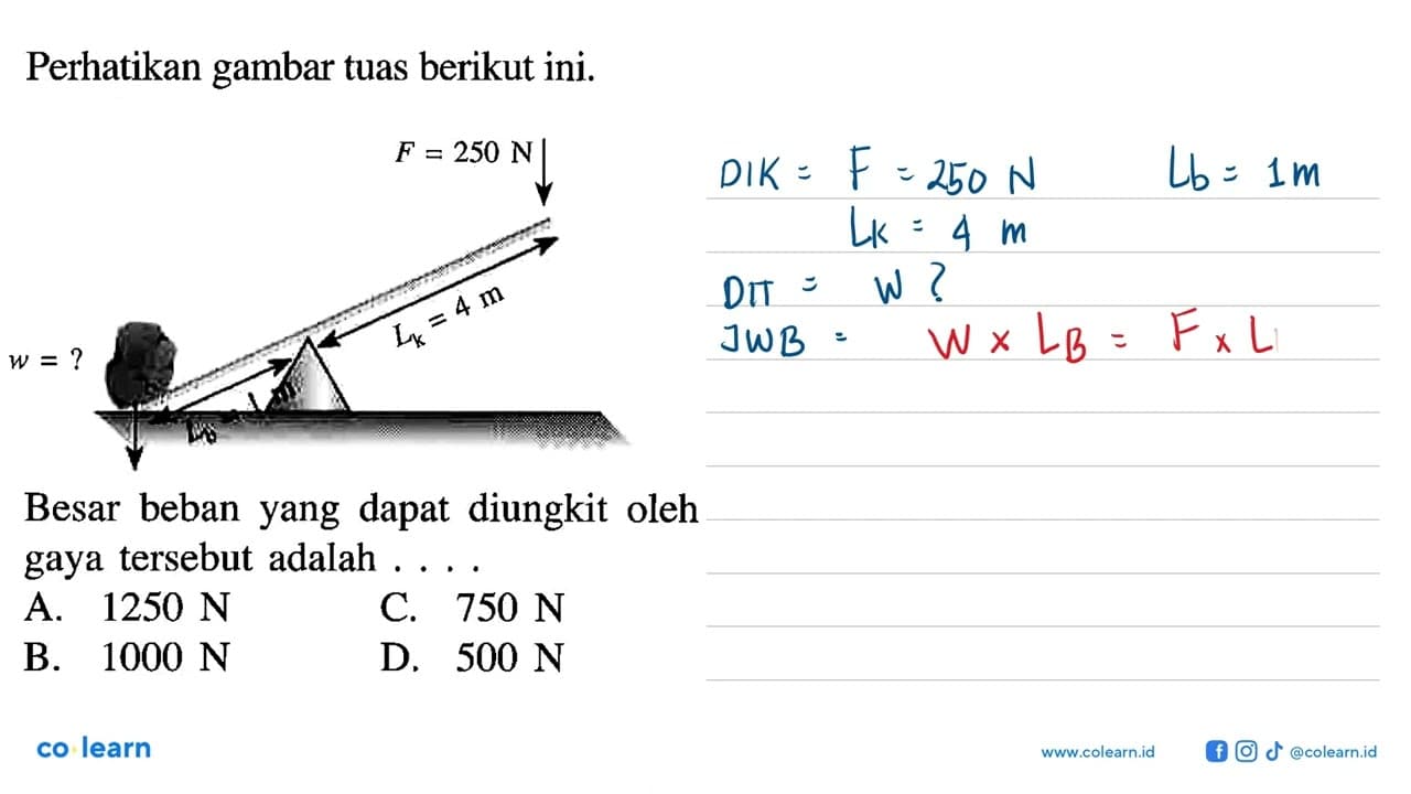 Perhatikan gambar tuas berikut ini. Besar beban yang dapat