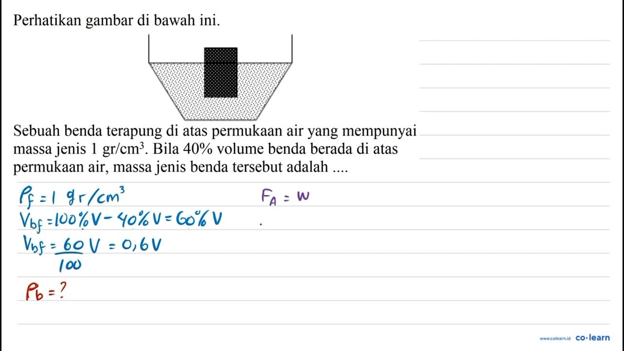 Perhatikan gambar di bawah ini. Sebuah benda terapung di