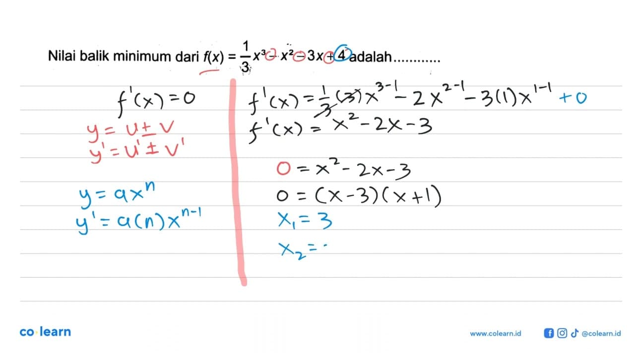 Nilai balik minimum dari f(x)=(1/3)x^3-x^2-3x+4 adalah