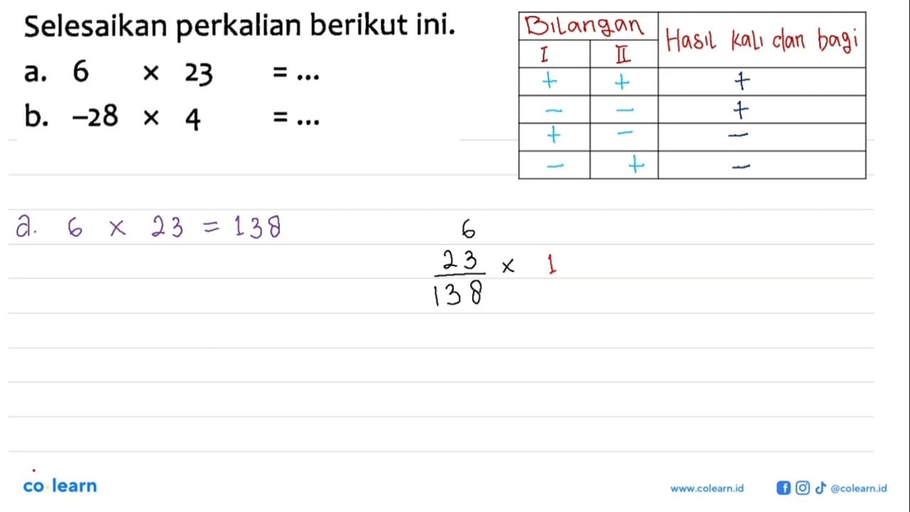 Selesaikan perkalian berikut ini. a. 6 x 23 = ... b. -28 x