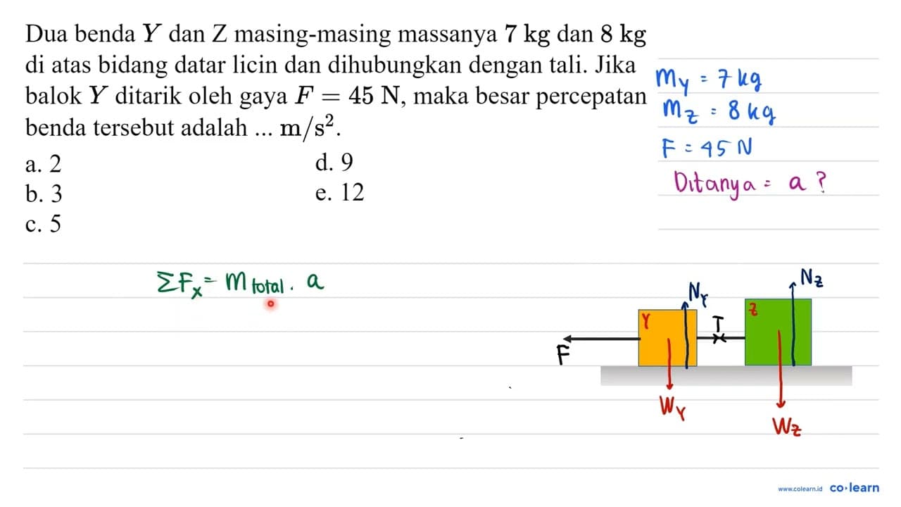 Dua benda Y dan Z masing-masing massanya 7 kg dan 8 kg di