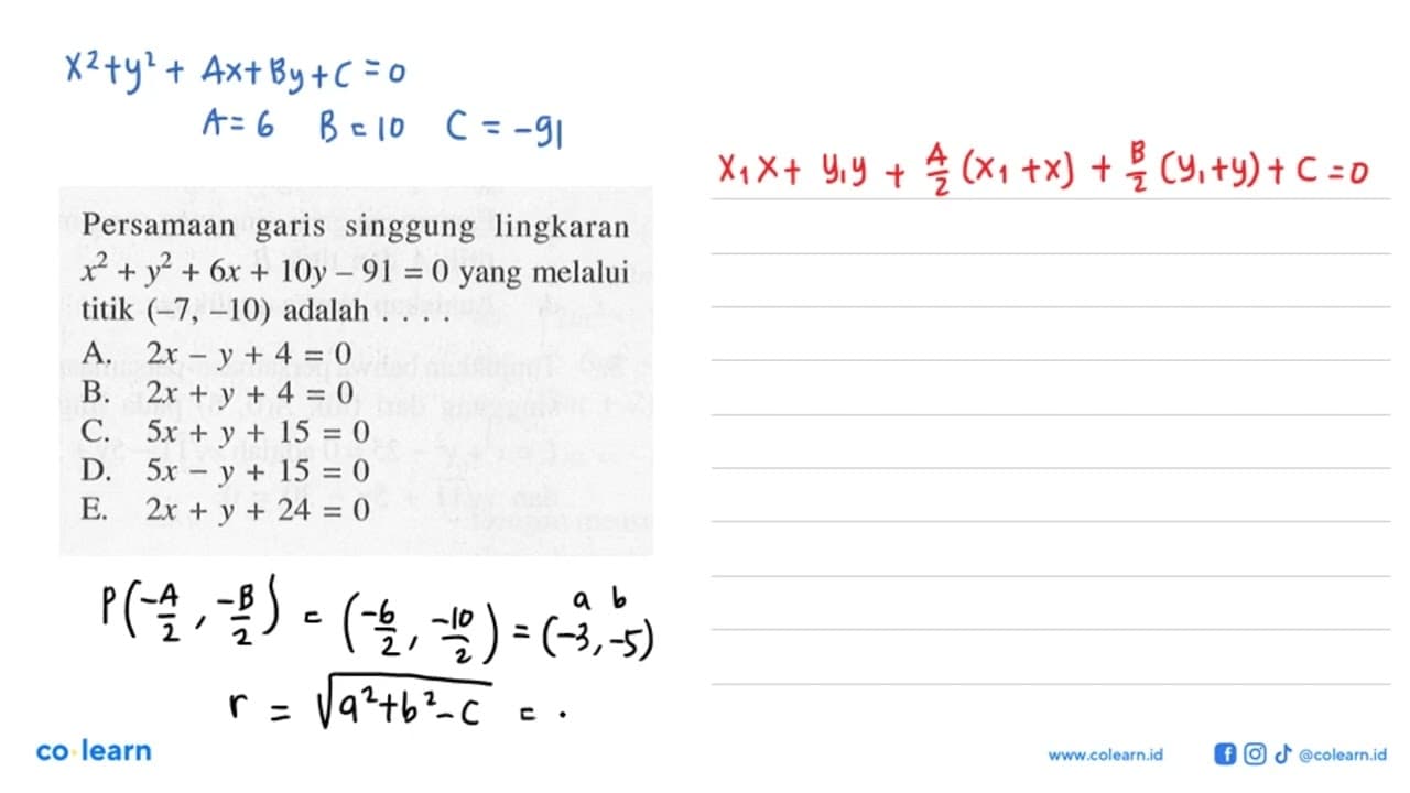 Persamaan garis singgung lingkaran x^2+y^2+6x+10y-91=0 yang