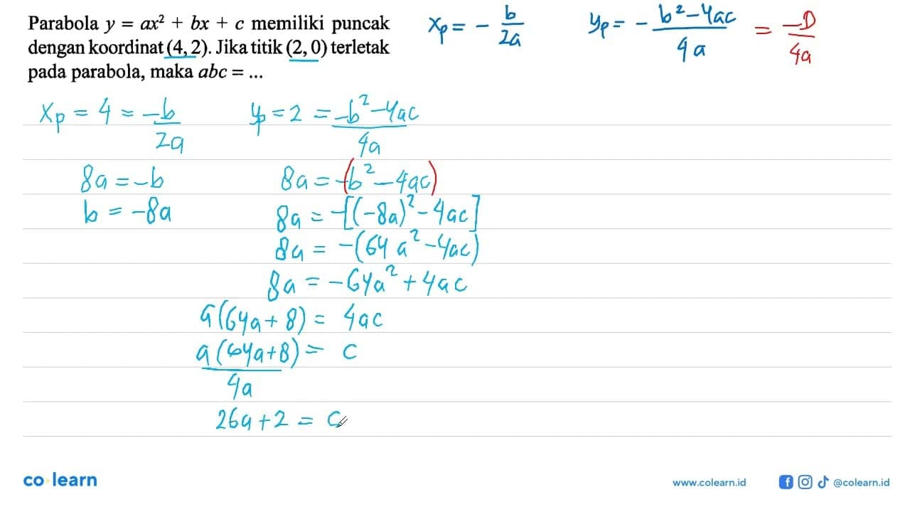 Parabola y=ax^2+bx+c memiliki puncak dengan koordinat