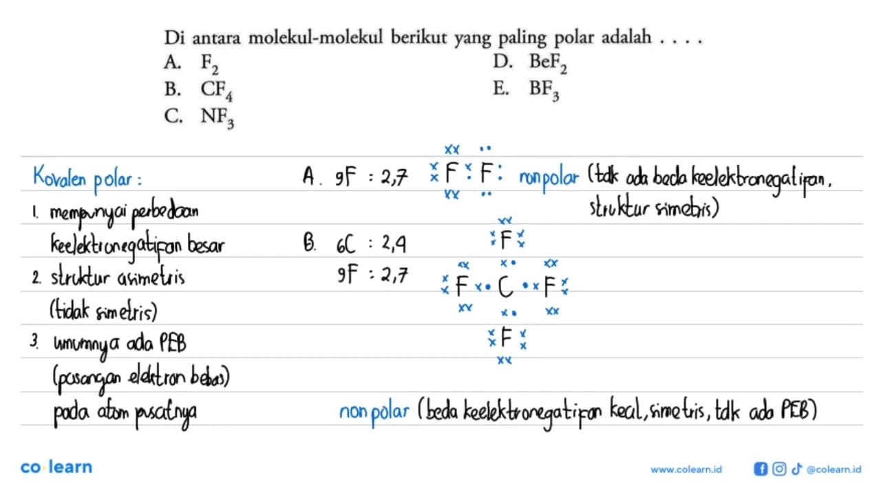 Di antara molekul-molekul berikut yang paling polar adalah