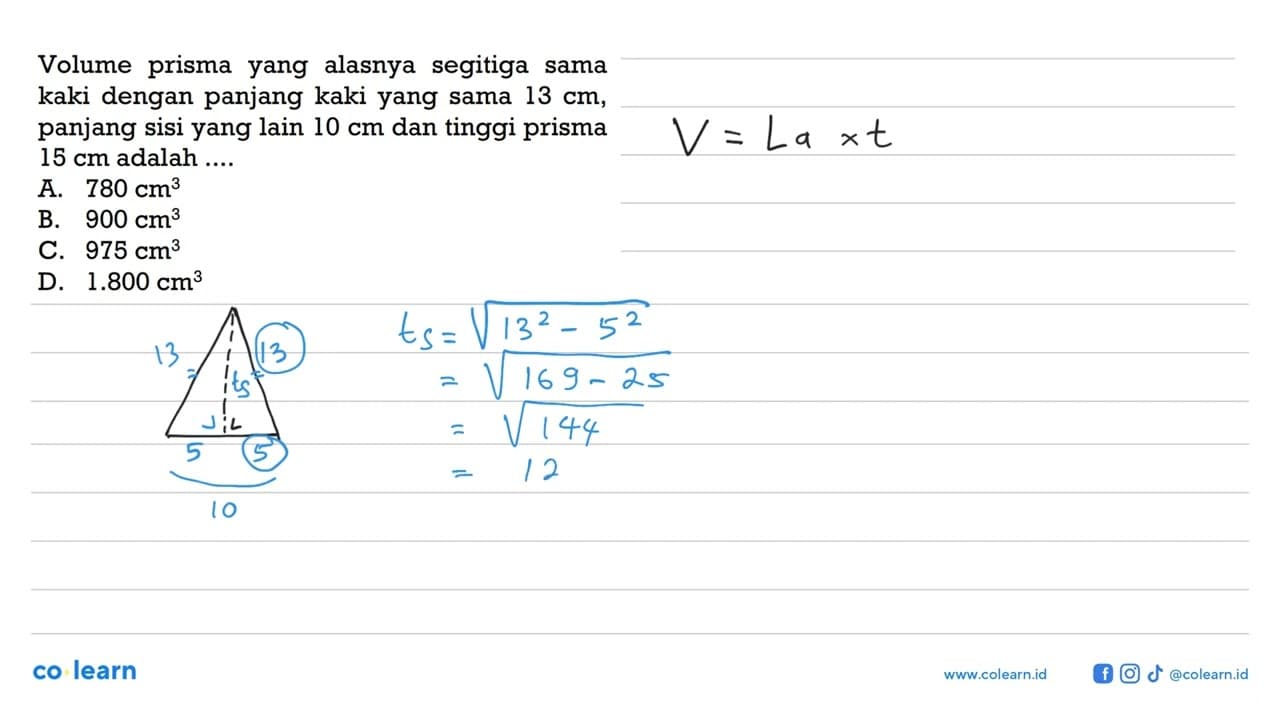 Volume prisma yang alasnya segitiga sama kaki dengan