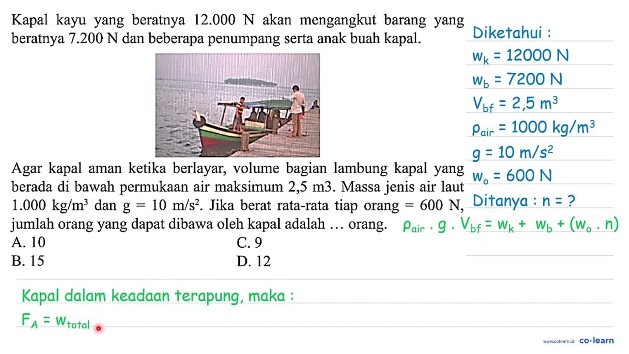 Kapal kayu yang beratnya 12.000 ~N akan mengangkut barang