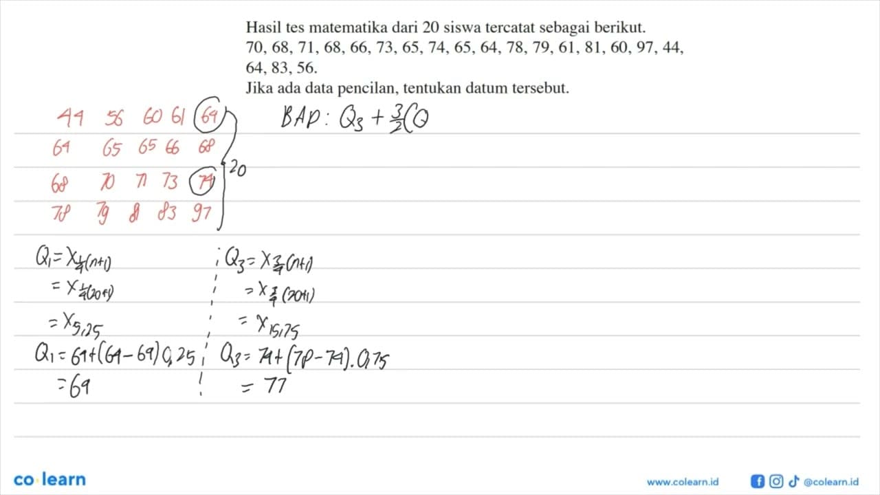 Hasil tes matematika dari 20 siswa tercatat sebagai