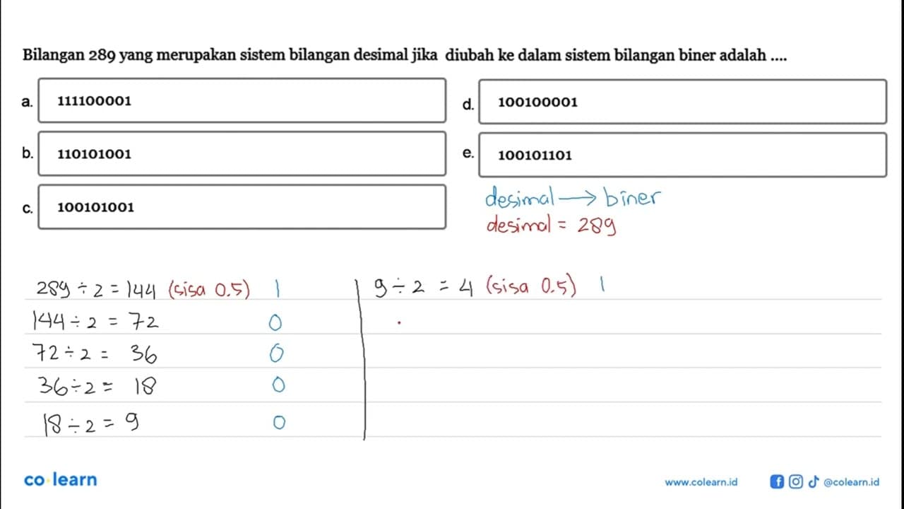 Bilangan 289 yang merupakan sistem bilangan desimal jika