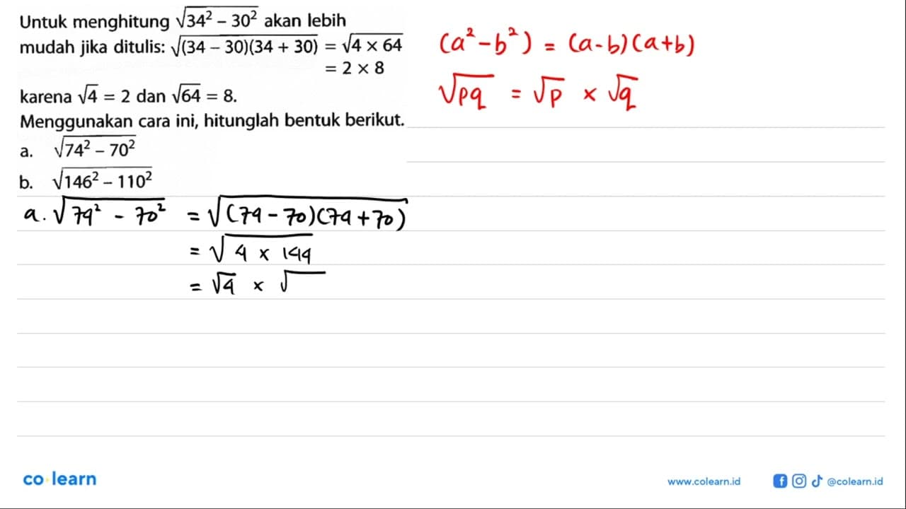 Untuk menghitung akar(34^2 - 30^2) akan lebih mudah jika