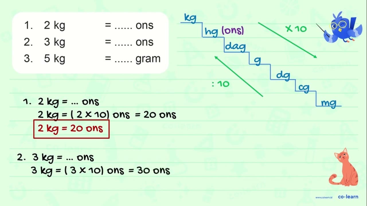 1. 2 kg = ... ons 2. 3 kg = ... ons 3. 5 kg = ... gram