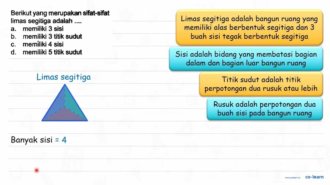 Berikut yang merupakan sifat-sifat limas segitiga adalah