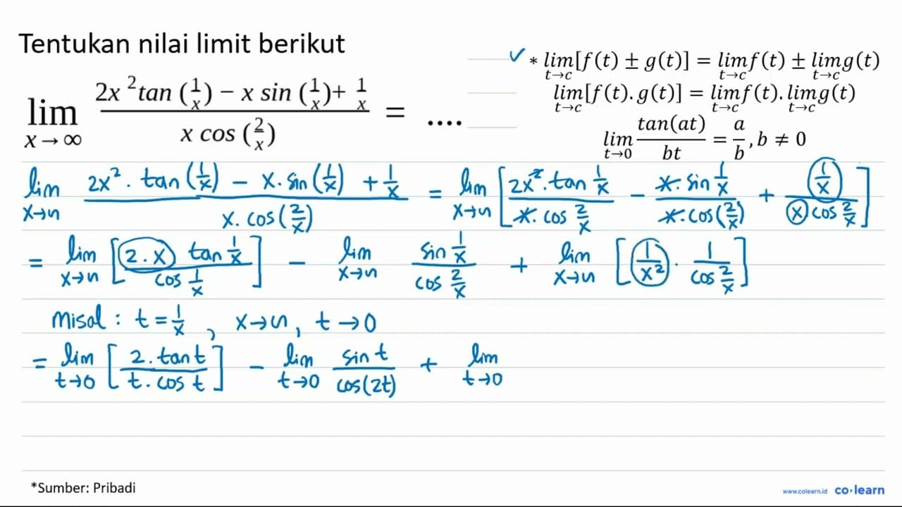 limit x menuju tak hingga (2x^2 tan(1/x)-x sin(1/x)+1/x)/(x