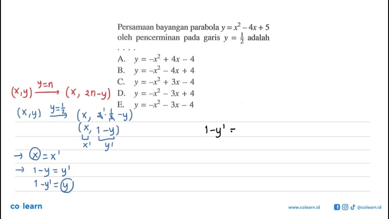 Persamaan bayangan parabola y=x^2-4x+5 oleh pencerminan