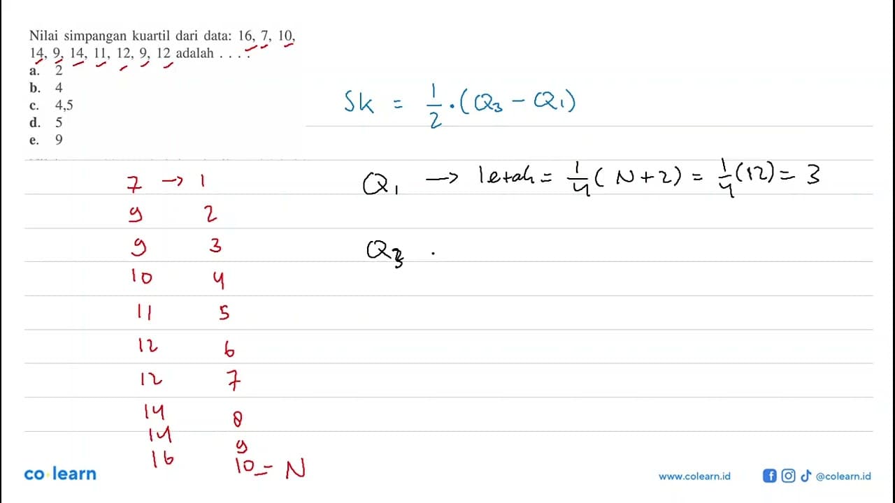 Nilai simpangan kuartil dari data: 16, 7, 10, 14, 9, 14,