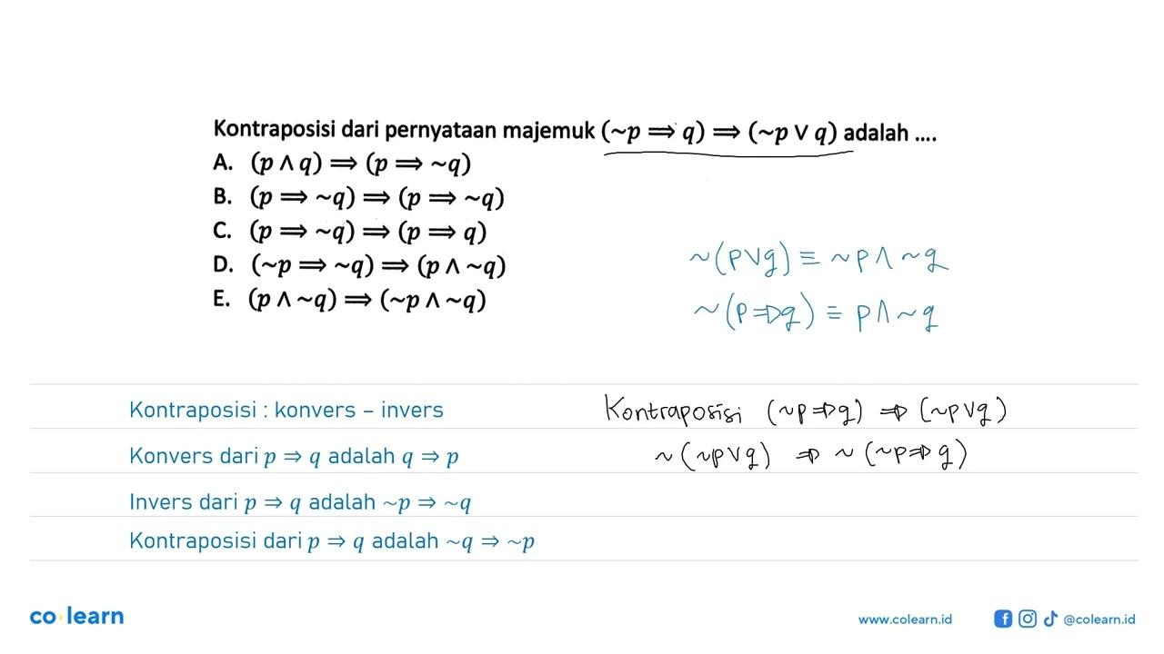 Kontraposisi dari pernyataan majemuk (~p => q) =>(~p v q)