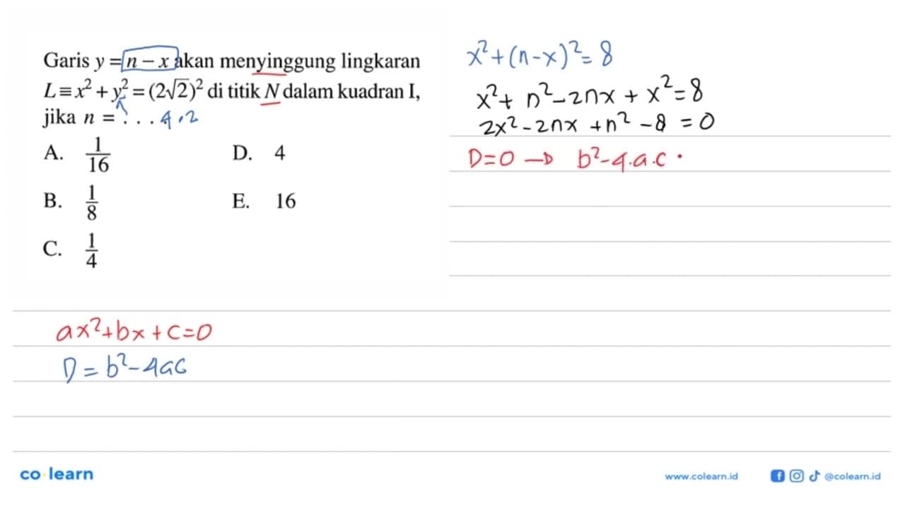 Garis y=n-x akan menyinggung lingkaran L ekuivalen