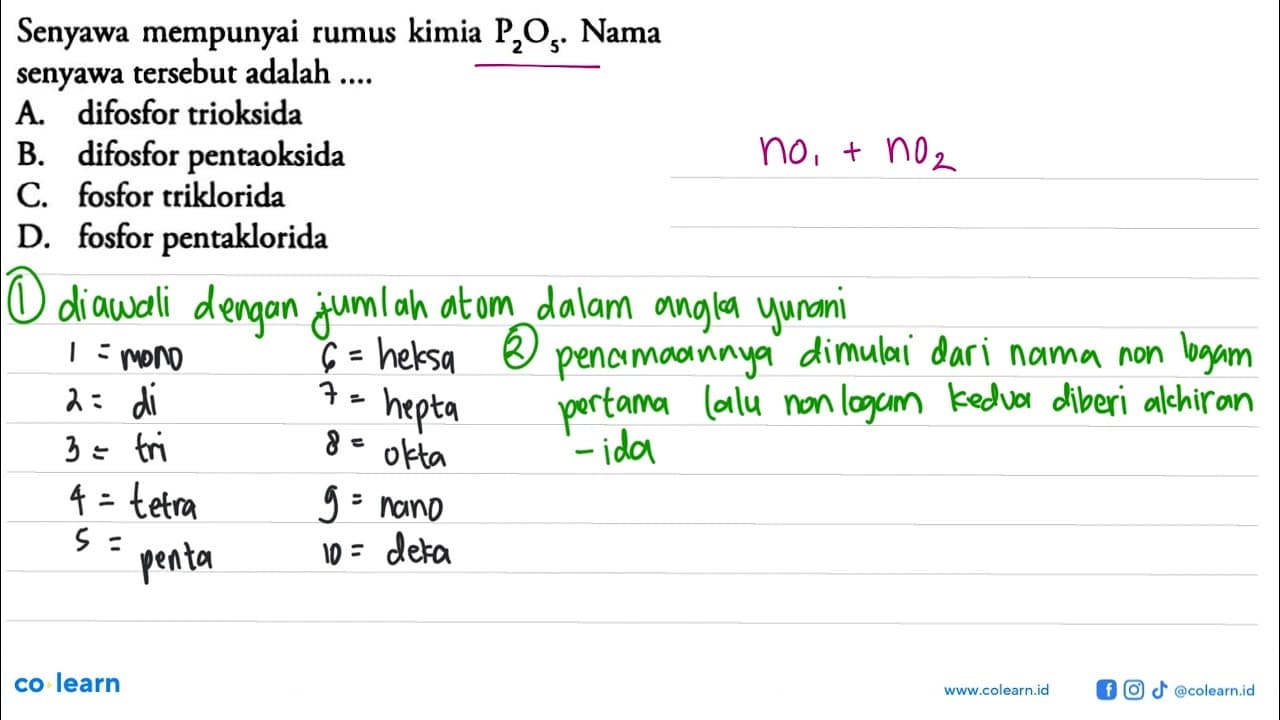 Senyawa mempunyai rumus kimia P2O5. Nama senyawa tersebut