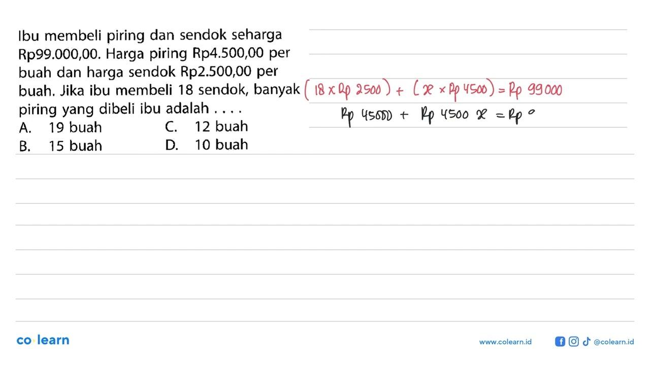 Ibu membeli piring dan sendok seharga Rp99.000,00. Harga