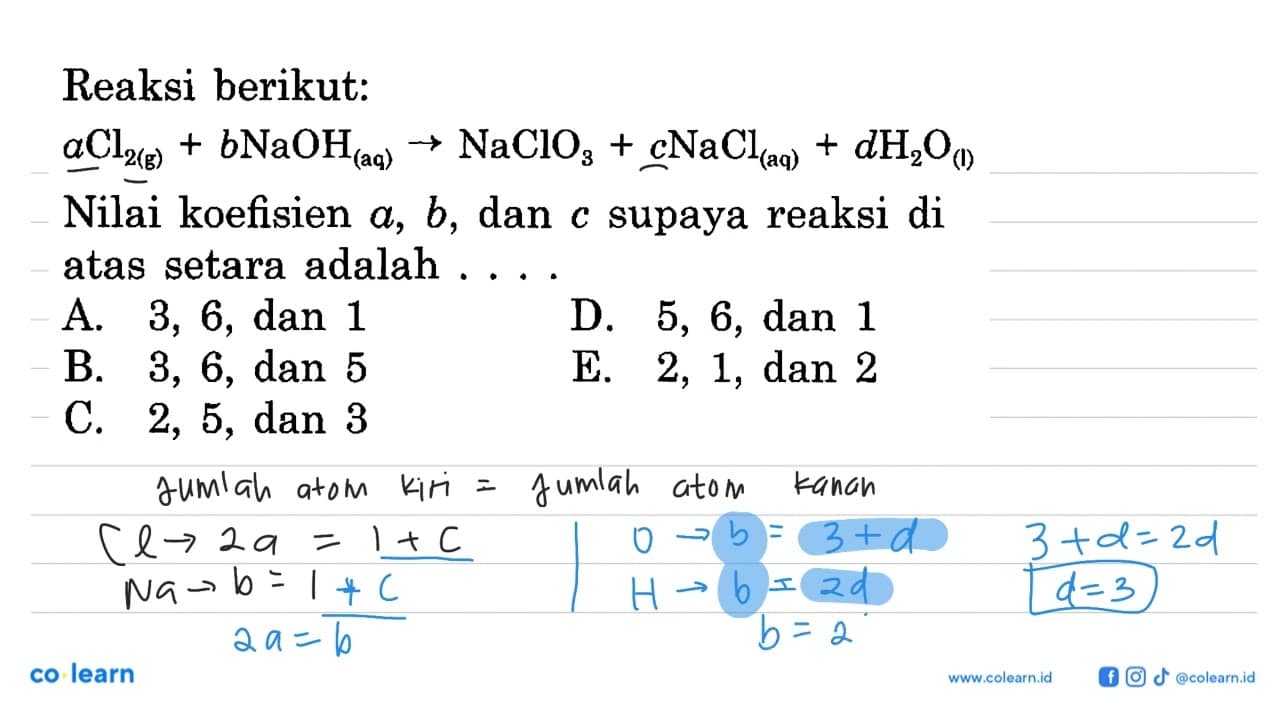 Reaksi berikut: aCl2 (g) + bNaOH (aq) -> NaClO3 + cNaCl