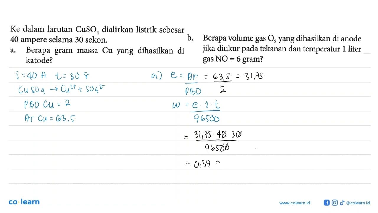 Ke dalam larutan CuSO4 dialirkan listrik sebesar 40 ampere