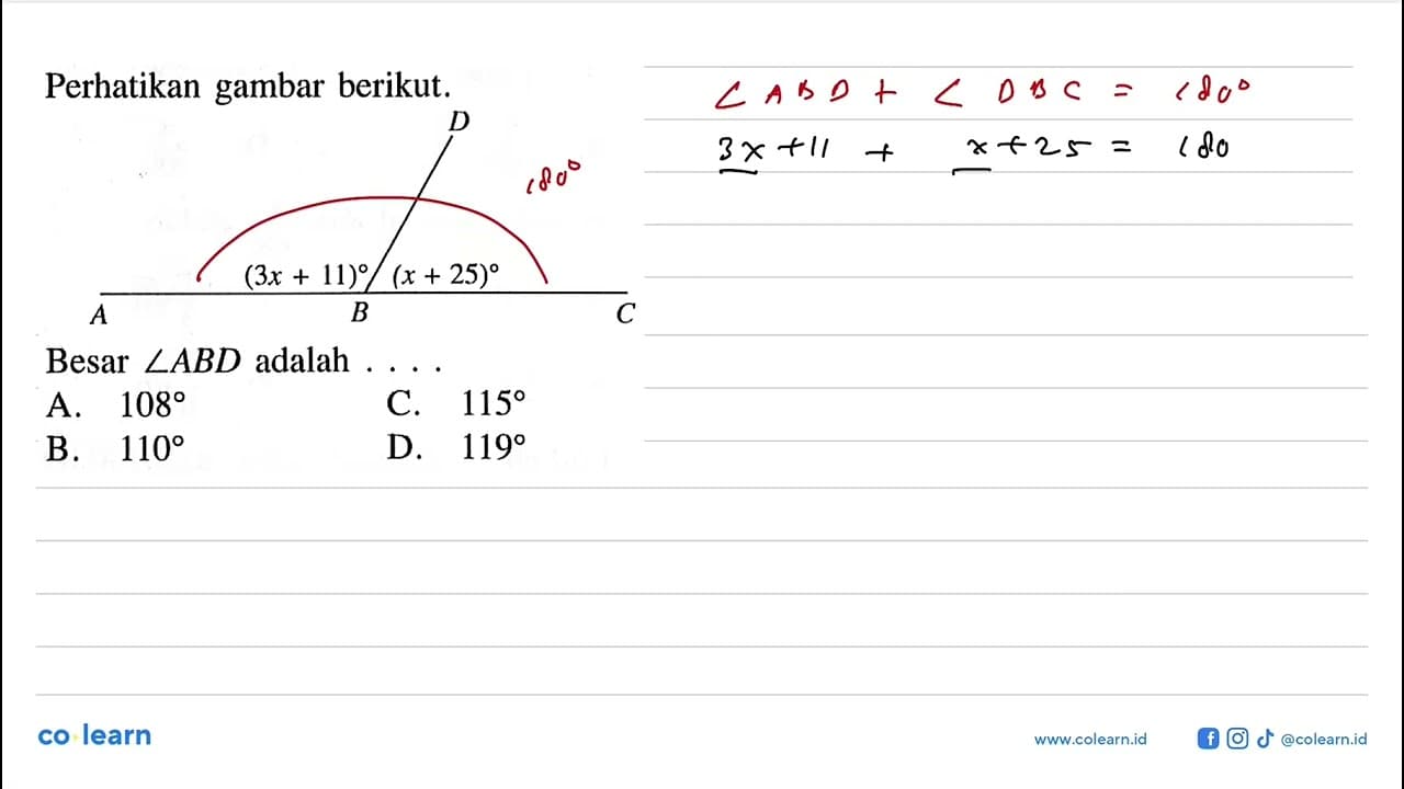 Perhatikan gambar berikut. (3x+11) (x+25) Besar sudut ABD