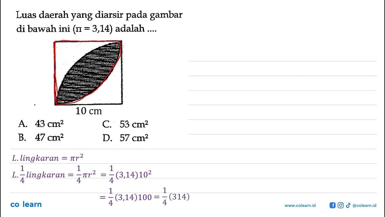 Luas daerah yang diarsir pada gambar di bawah ini (pi=3,14)