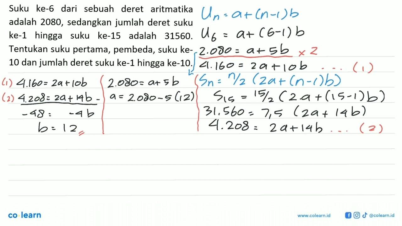 Suku ke-6 dari sebuah deret aritmatika adalah 2080,