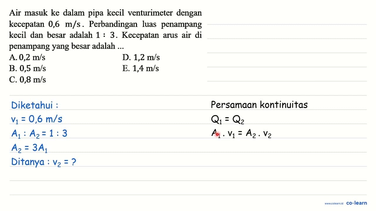 Air masuk ke dalam pipa kecil venturimeter dengan kecepatan