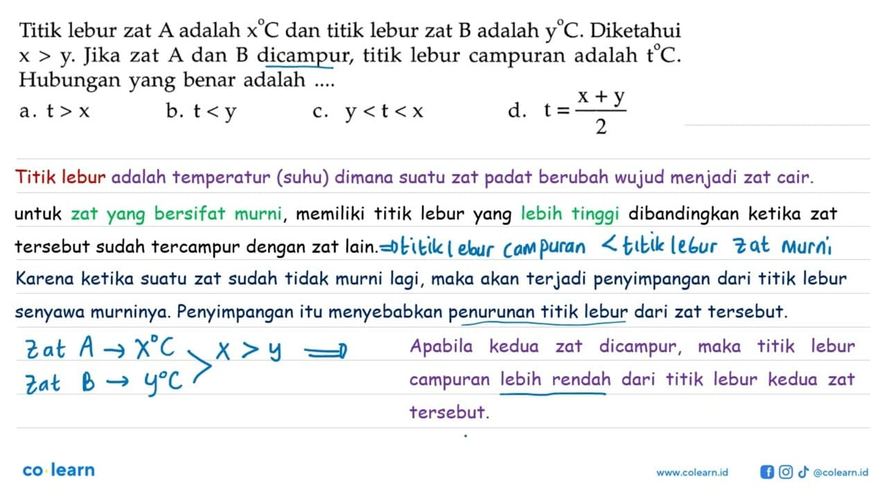 Titik lebur zat A adalah x C dan titik lebur zat B adalah y