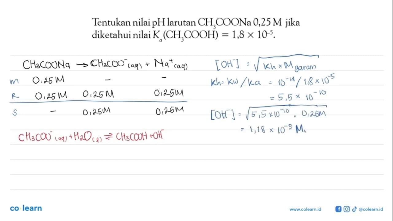 Tentukan nilai pH larutan CH3COONa 0,25 M jika diketahui