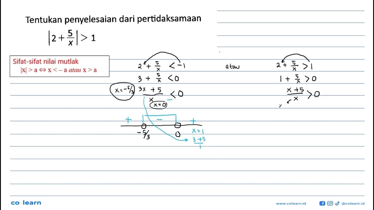 Tentukan penyelesaian dari pertidaksamaan |2+5/x|>1