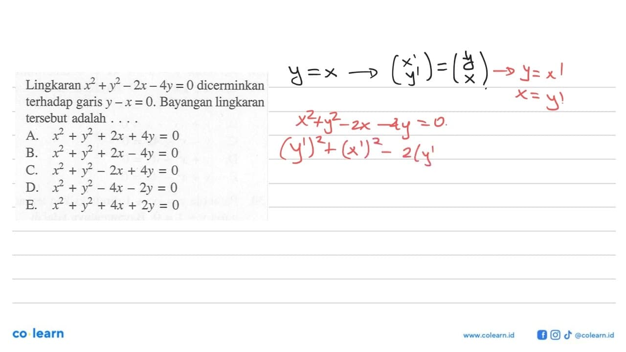 Lingkaran x^2+y^2-2x-4y=0 dicerminkan terhadap garis y-x=0.