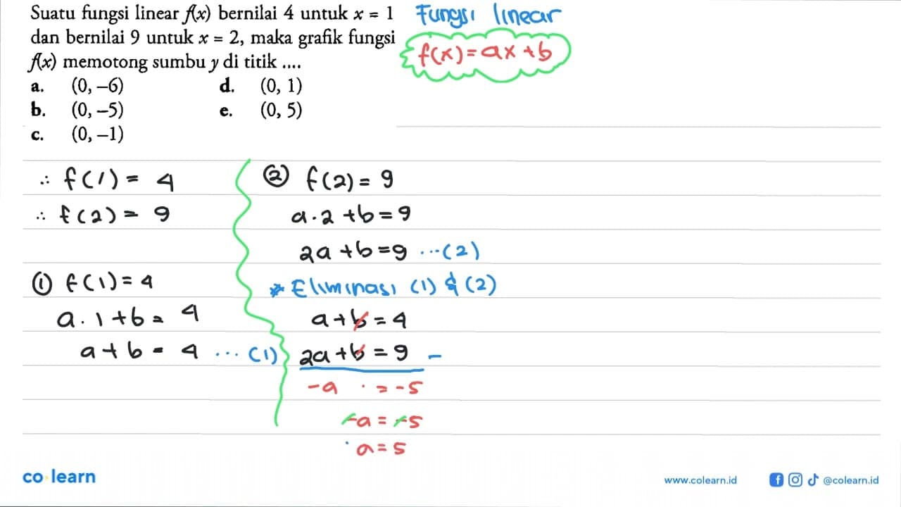 Suatu fungsi linear f(x) bernilai 4 untuk x=1 dan bernilai