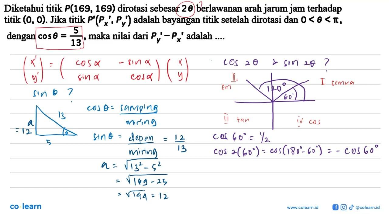 Diketahui titik P(169, 169) dirotasi sebesar 20 berlawanan