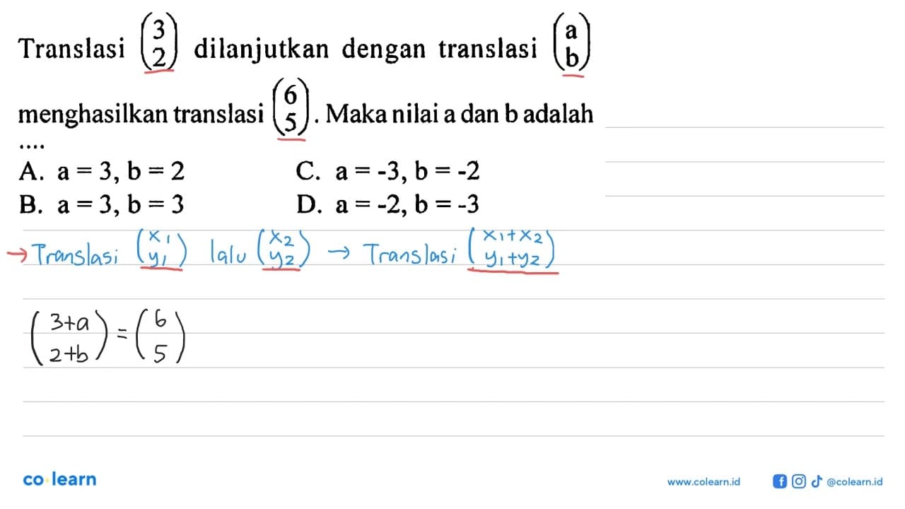 Translasi (3 2) dilanjutkan dengan translasi (a b)