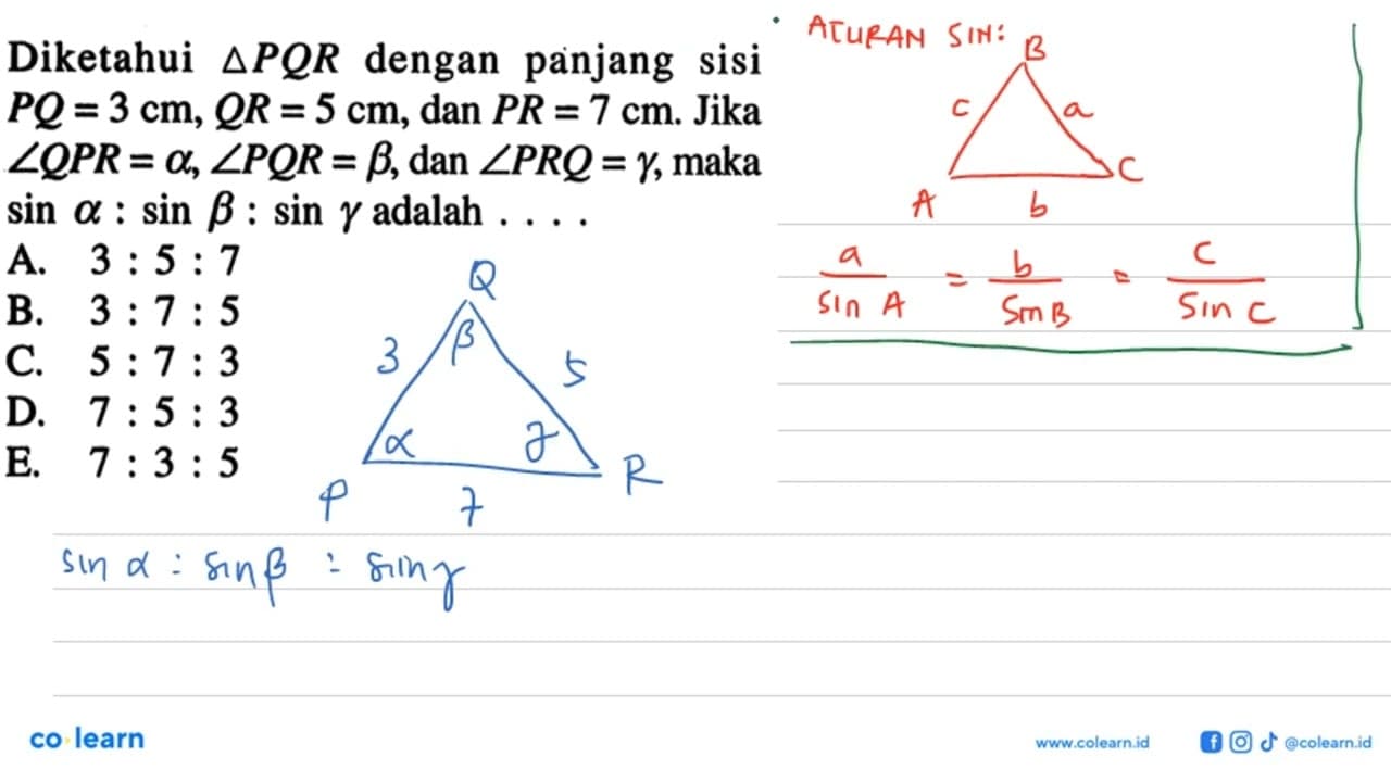 Diketahui segitiga PQR dengan panjang sisi PQ=3 cm, QR=5