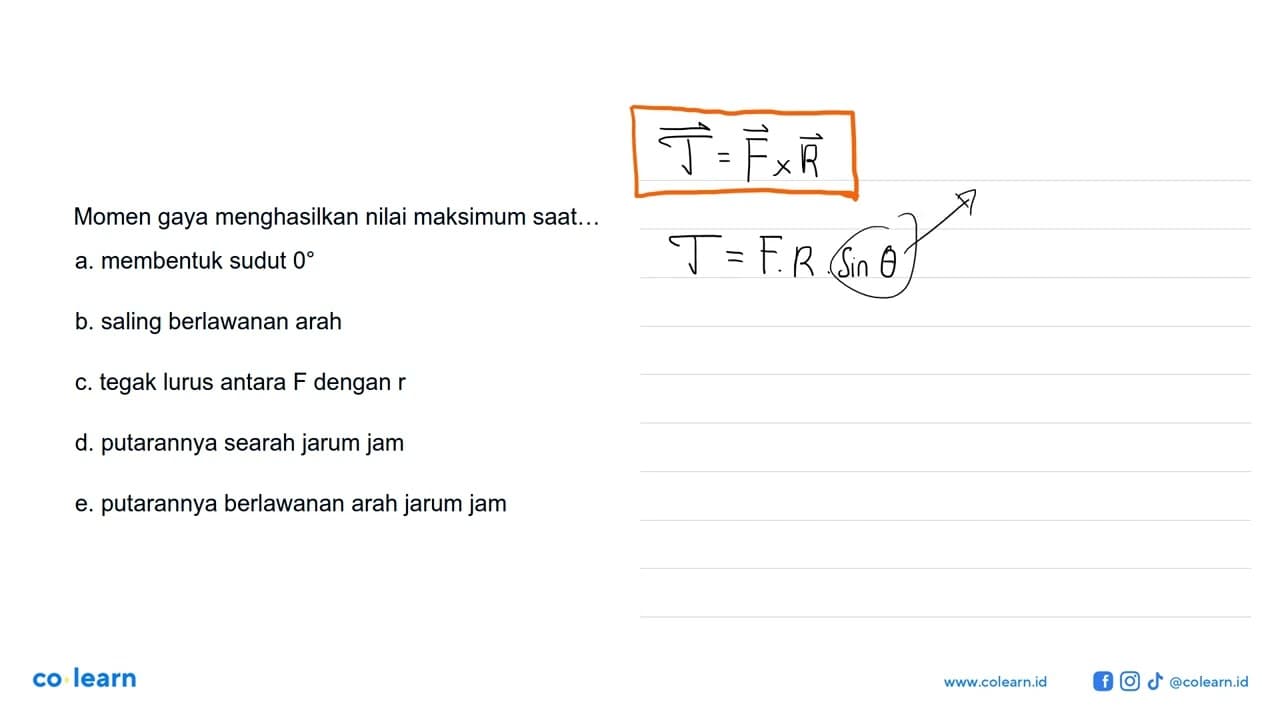 Momen gaya menghasilkan nilai maksimum saat... a. membentuk