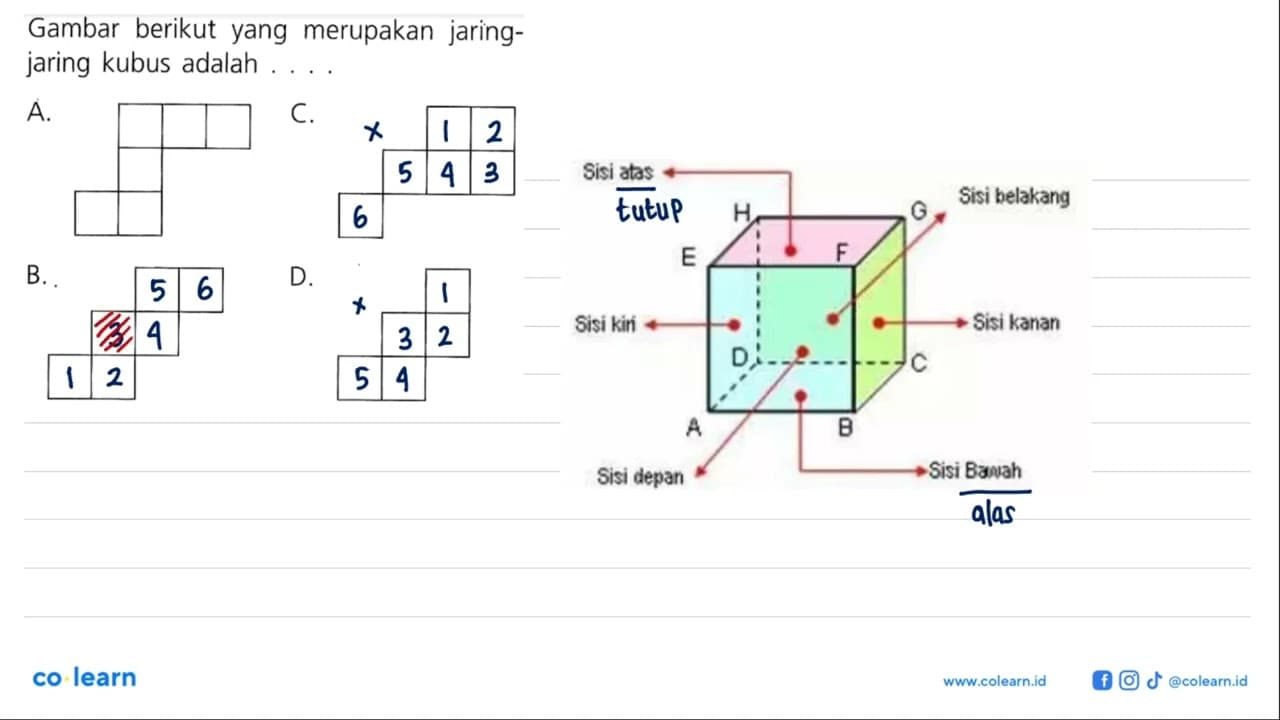 Gambar berikut yang merupakan jaring- jaring kubus adalah A