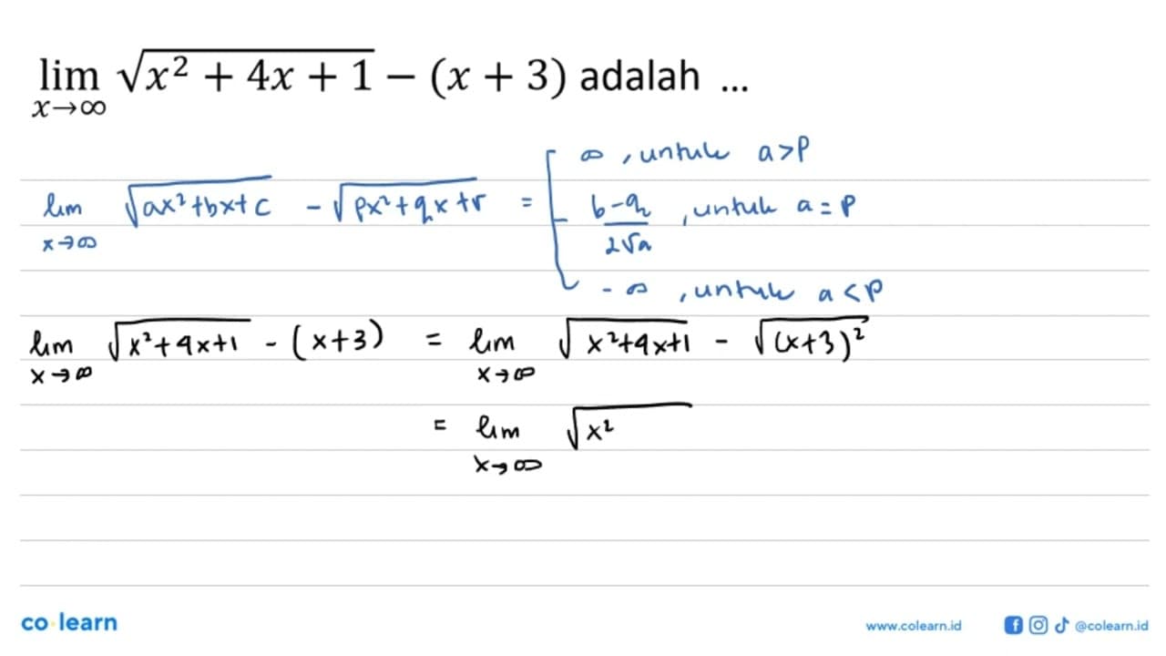 lim x->tak hingga akar(x^2+4x+1)-(x+3) adalah