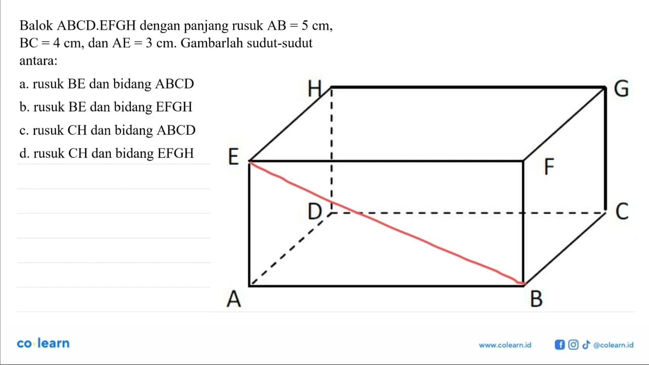 Balok ABCD.EFGH dengan panjang rusuk AB=5 cm, BC=4 cm, dan