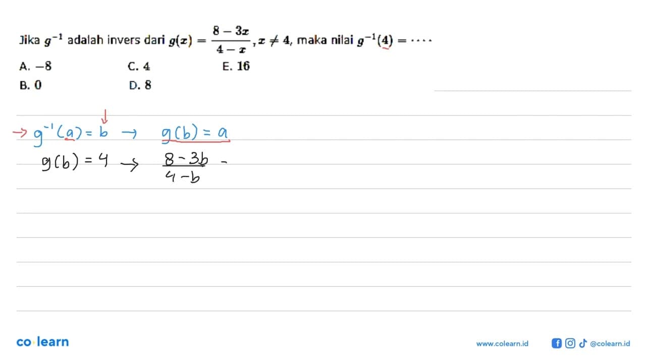 Jika g^-1 adalah invers dari g(x)=8-3x/4-x, x =/= 4, maka