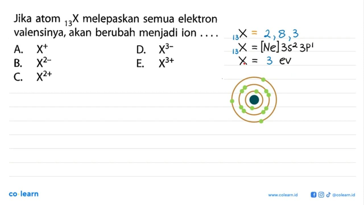 Jika atom 13 X melepaskan semua elektron valensinya, akan