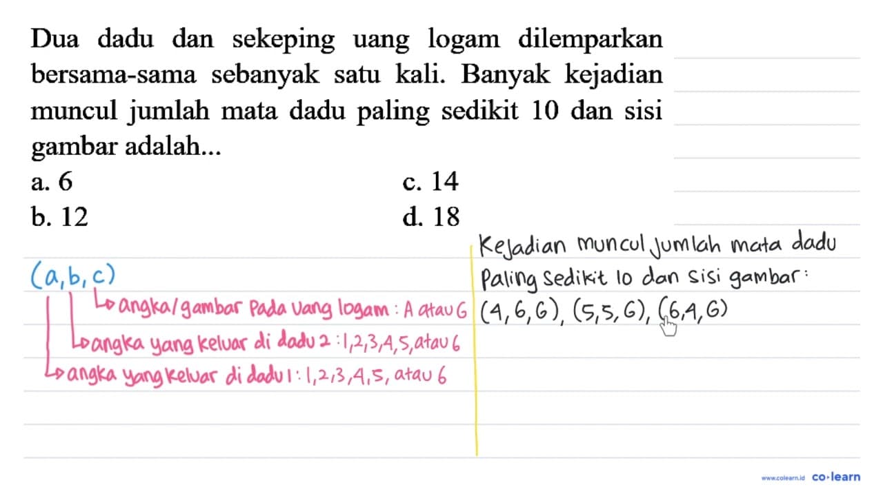 Dua dadu dan sekeping uang logam dilemparkan bersama-sama