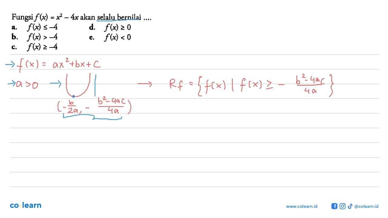 Fungsi f(x)=x^2-4x akan selalu bernilai ....