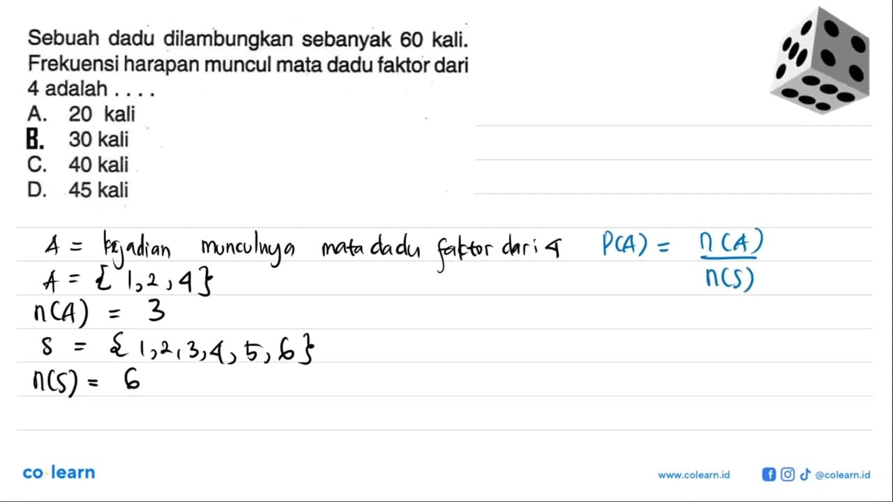 Sebuah dadu dilambungkan sebanyak 60 kali. Frekuensi