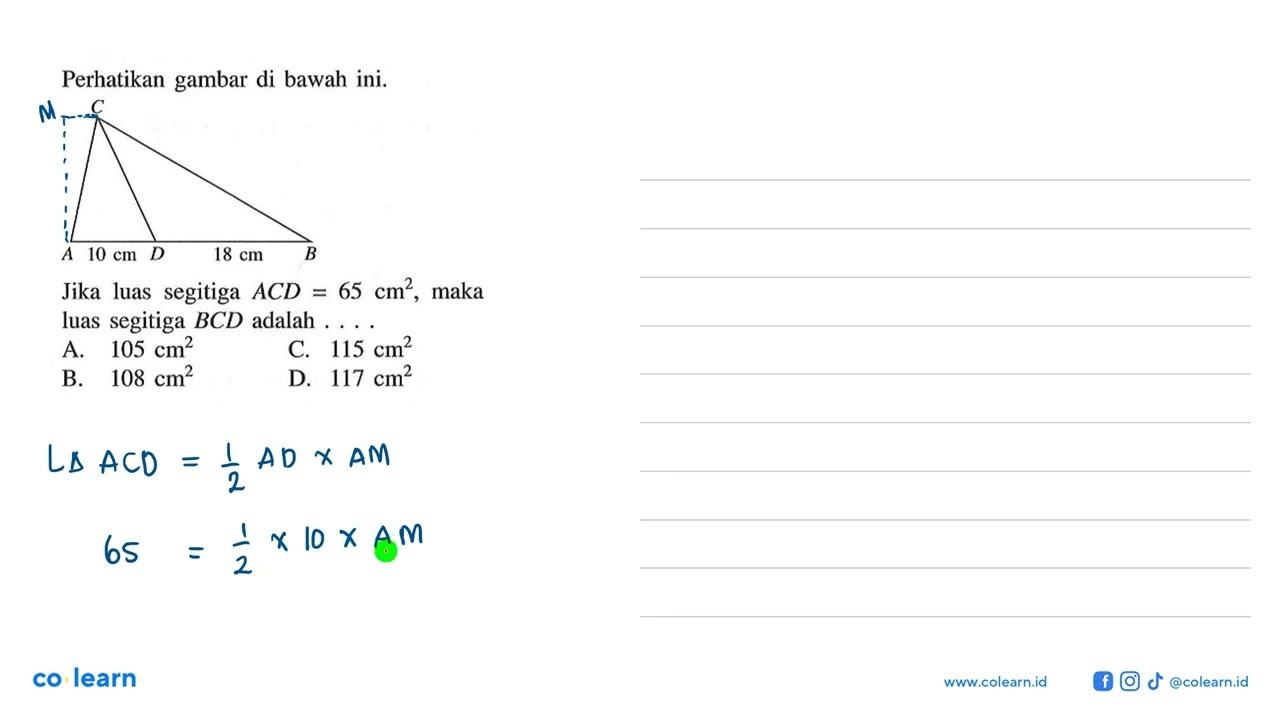 Perhatikan gambar di bawah ini.Jika luas segitiga ACD=65