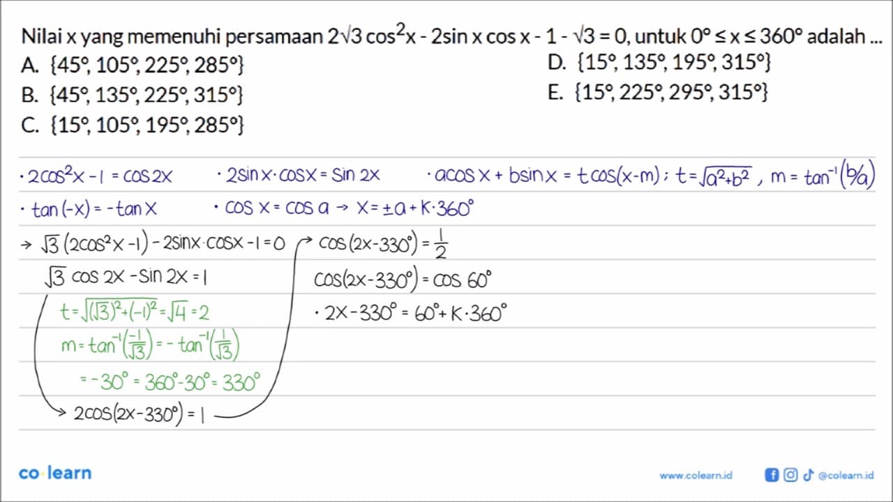 Nilai x yang memenuhi persamaan 2 akar(3) cos^2 x-2 sin x