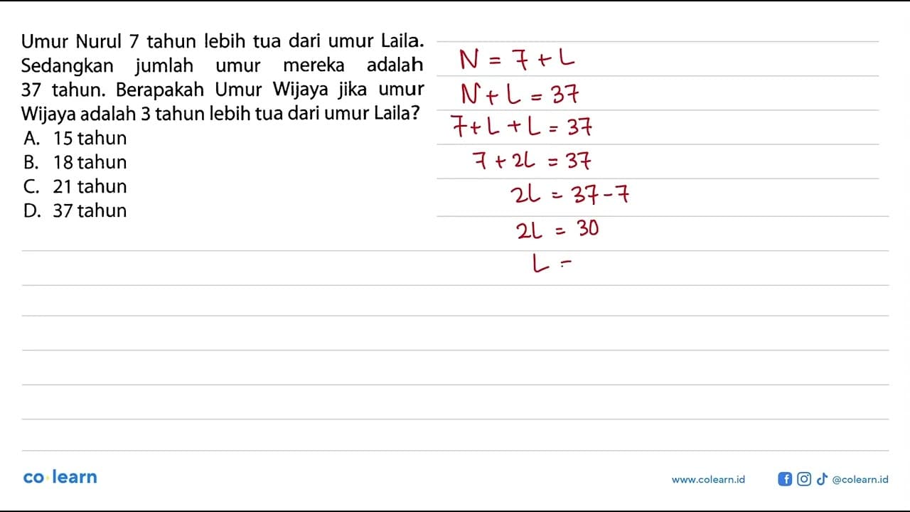 Umur Nurul tahun 7 lebih tua dari umur Laila. Sedangkan